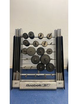 Reebok set of barbells, weights on racks, option to buy half 