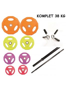 KOMPLET-AEROBIČNI SET IZ GUMIRANIH BARVNIH UTEŽI S PRIJEMOM IN PALICO 38 KG 