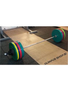Komplet gumi olimpijskih uteži + olimpijska palica 180 kg